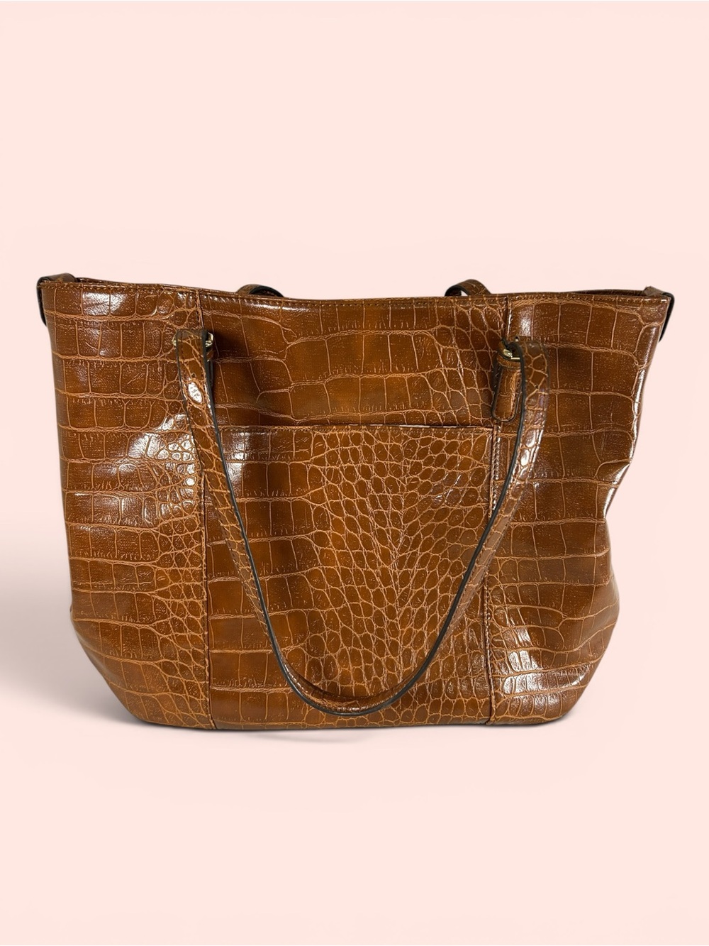 Anne Klein Crocodile-Embossed Brown Faux Leather Laptop/Tote Bag